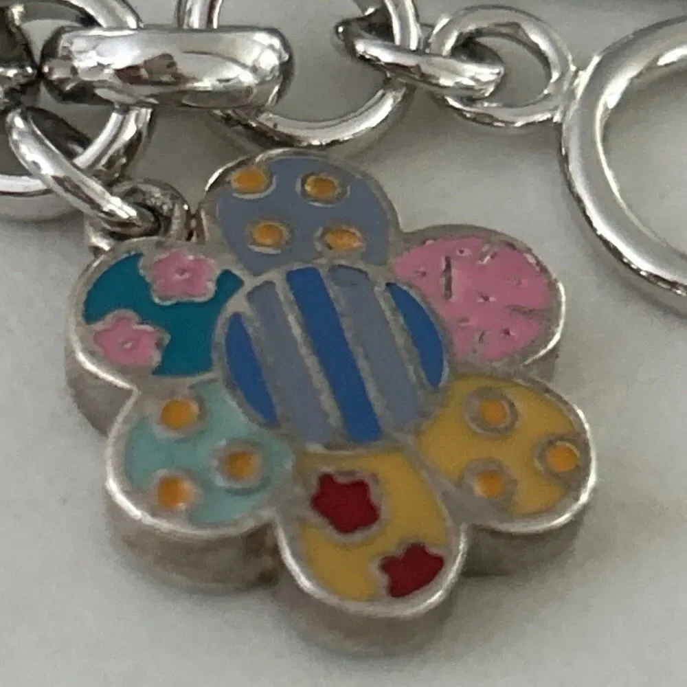 Romero Britto Sterling Silver Enamel Flower Charm On 925 Link Bracelet Art Basel